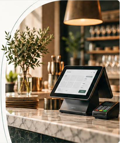 Point-of-sale terminal and card reader on a restaurant counter