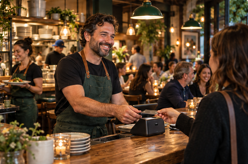 Restaurant owner serving a customer at the payment counter in a busy dining room