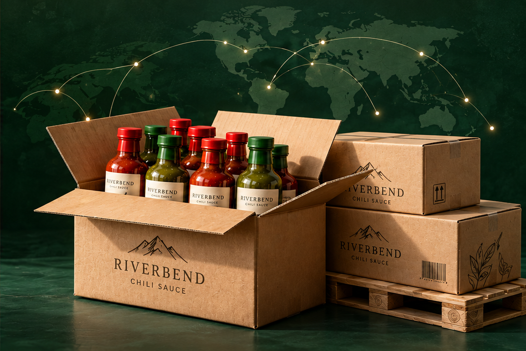 Riverbend chili sauce bottles in shipping cartons on a pallet, with a world map and market connections in a deep forest-green scene
