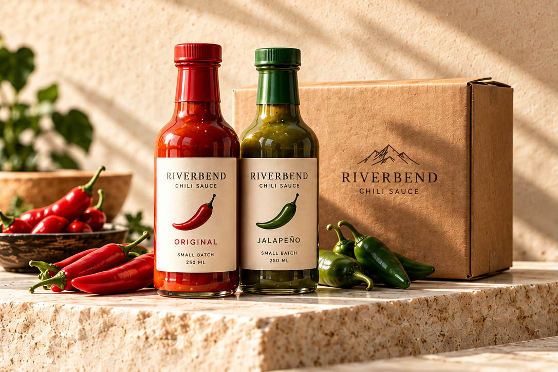 Riverbend original and jalapeño chili sauce bottles, fresh peppers and a shipping box on a warm stone counter