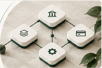 Connected payment architecture modules for banking, processing, cards and operations